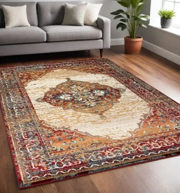 5' x 8' Medallion Power Loom Area Rug - Ivory Red And Orange