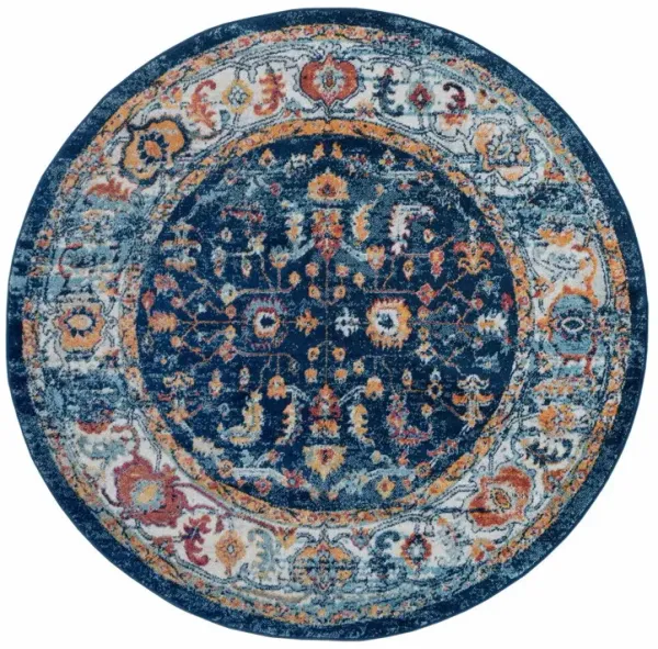6' Oriental Power Loom Round Rug - Blue Rust And Orange