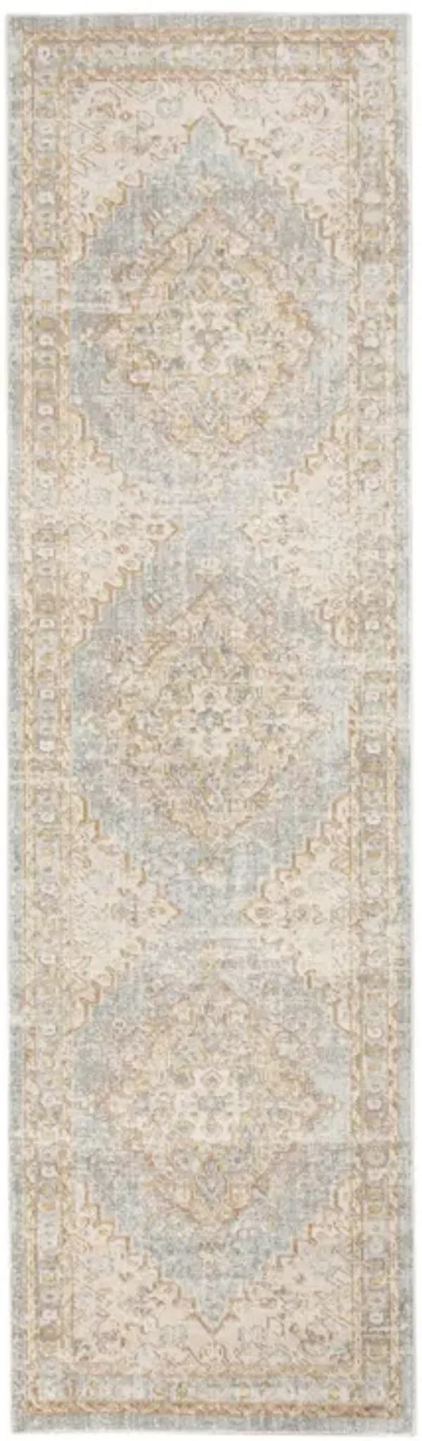 8' Medallion Power Loom Worn Faded Runner Rug - Beige And Gray
