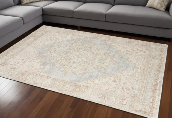 8' x 10' Medallion Power Loom Worn Faded Area Rug - Beige And Gray