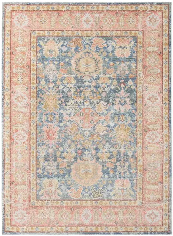 5.3' x 7.3' Floral Power Loom Polyester Area Rug - Blue Gold And Orange