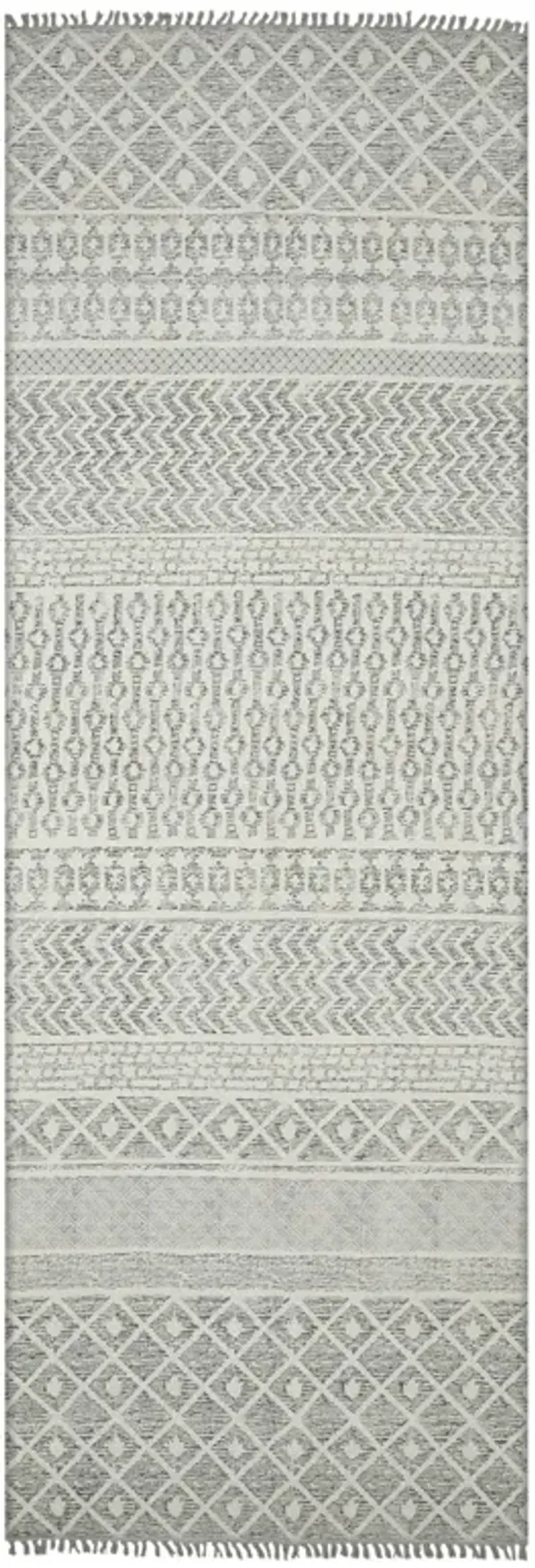 8' Geometric Flatweave Handmade Distressed Runner Rug With Fringe - Gray