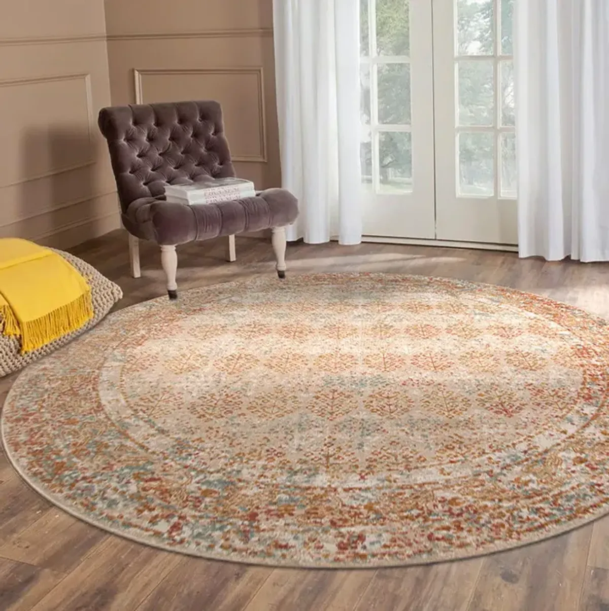 6' Southwestern Power Loom Round Rug - Beige And Orange