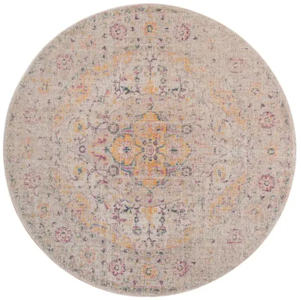 6' Oriental Power Loom Worn Faded Round Rug - Ivory Navy And Yellow