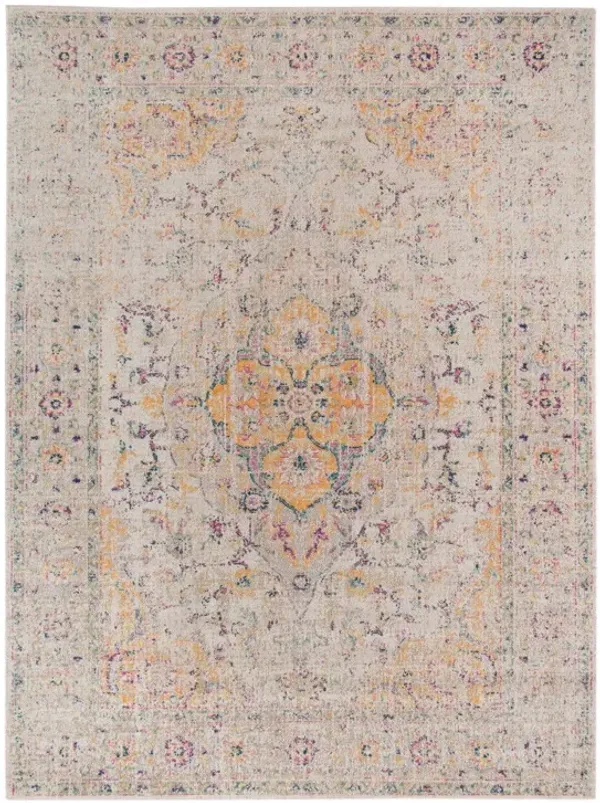 7' x 9' Oriental Power Loom Worn Faded Area Rug - Ivory Navy And Yellow