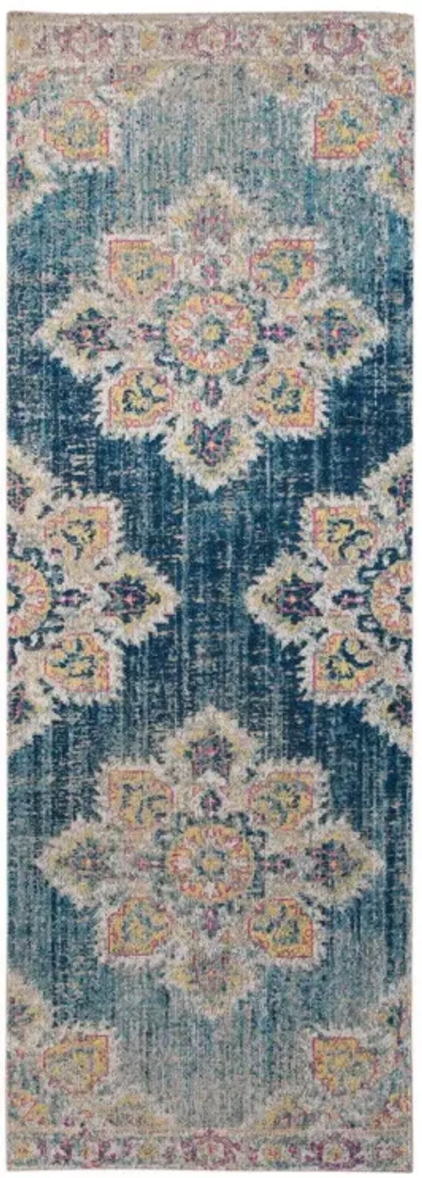 7' Medallion Power Loom Runner Rug - Yellow And Navy