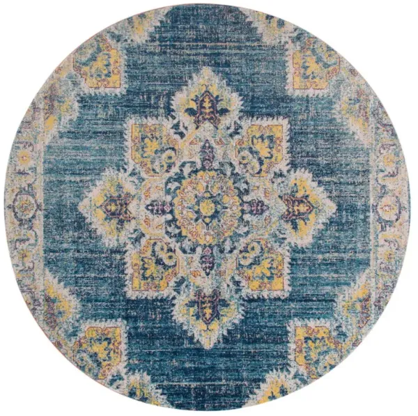 6' Medallion Power Loom Round Rug - Yellow And Navy