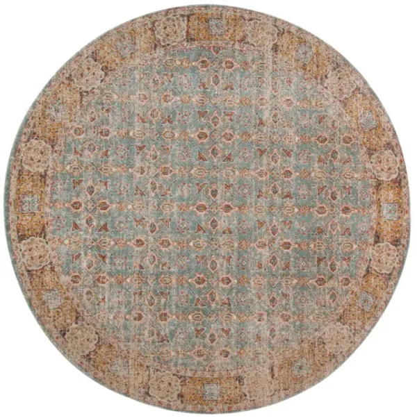 6' Oriental Power Loom Worn Faded Round Rug - Teal Red And Orange