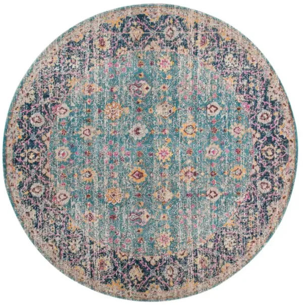 6' Floral Power Loom Worn Faded Round Rug - Teal Navy And Orange