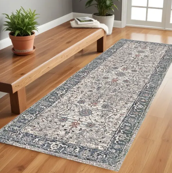 8' Oriental Power Loom Runner Rug - Ivory Blue And Gray