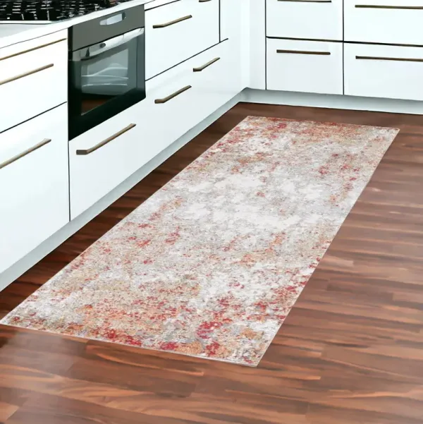 8' Abstract Power Loom Runner Rug - Ivory Red And Cream
