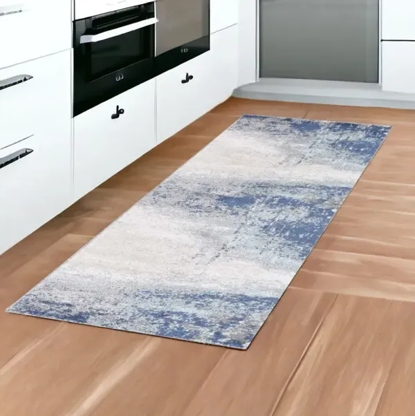 8' Abstract Power Loom Runner Rug - Dark Blue And Gray