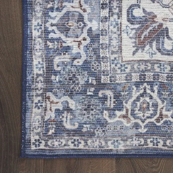 10' Floral Power Loom Distressed Washable Runner Rug - Blue And Ivory