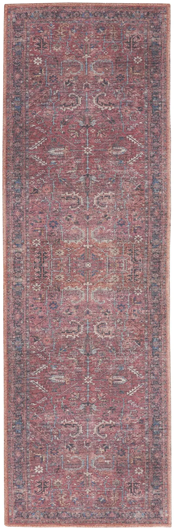 10' x 2.2' Floral Power Loom Distressed Washable Runner Rug - Blue And Red