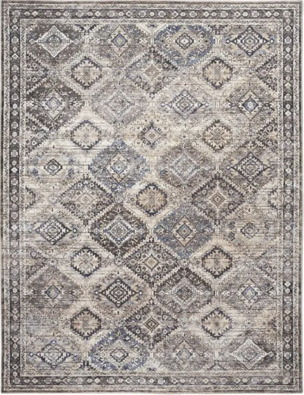 9' x 12' Floral Power Loom Distressed Washable Area Rug - Ivory And Tan