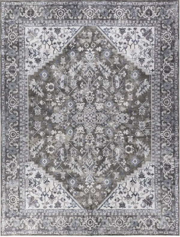 9' x 12' Floral Power Loom Distressed Washable Area Rug - Green And Ivory