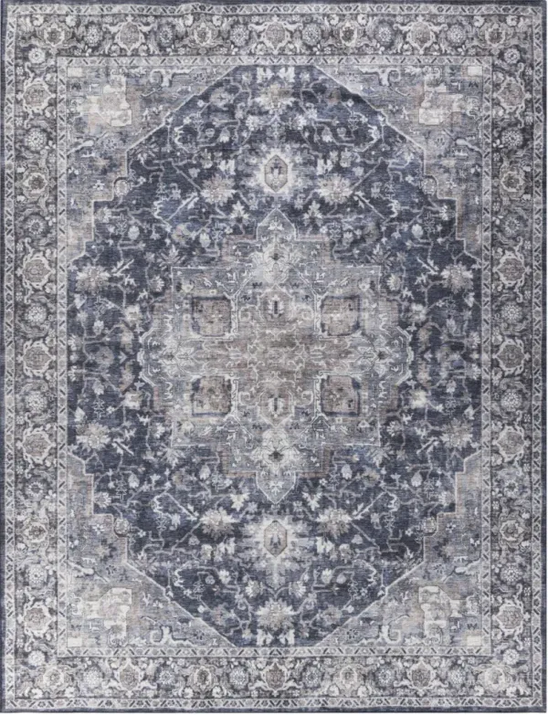 9.2' x 12' Floral Power Loom Distressed Washable Area Rug - Blue And Ivory