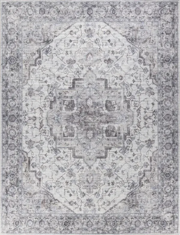 9' x 12' Floral Power Loom Distressed Washable Area Rug - Beige And Ivory