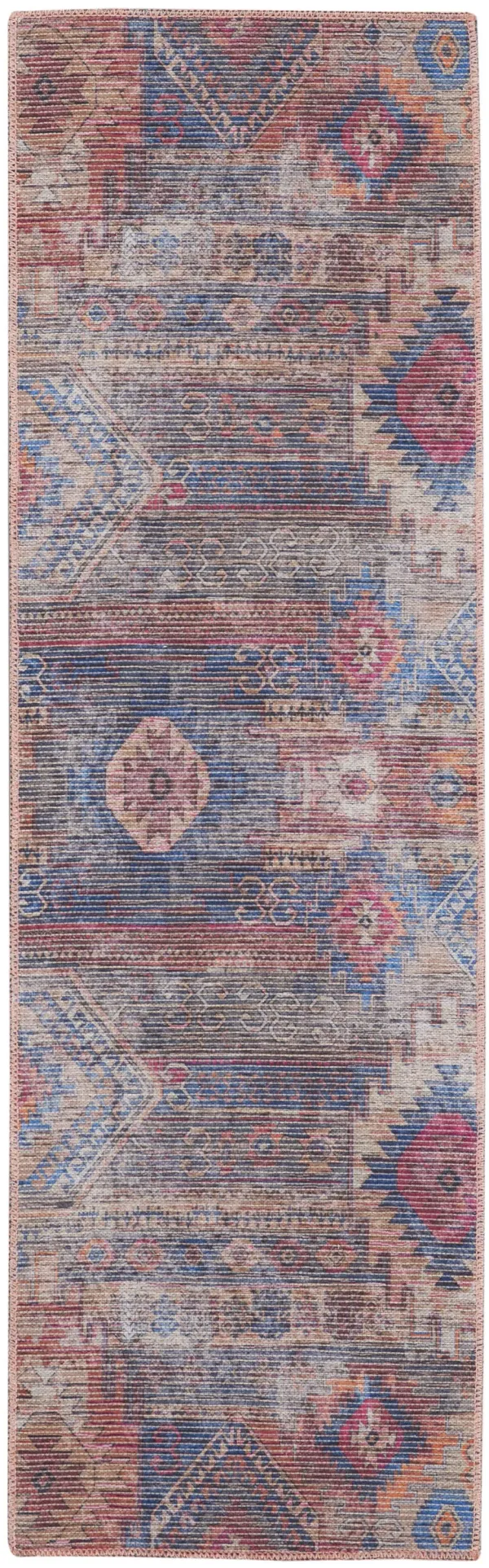 8' Geometric Power Loom Distressed Washable Runner Rug - Blue And Red