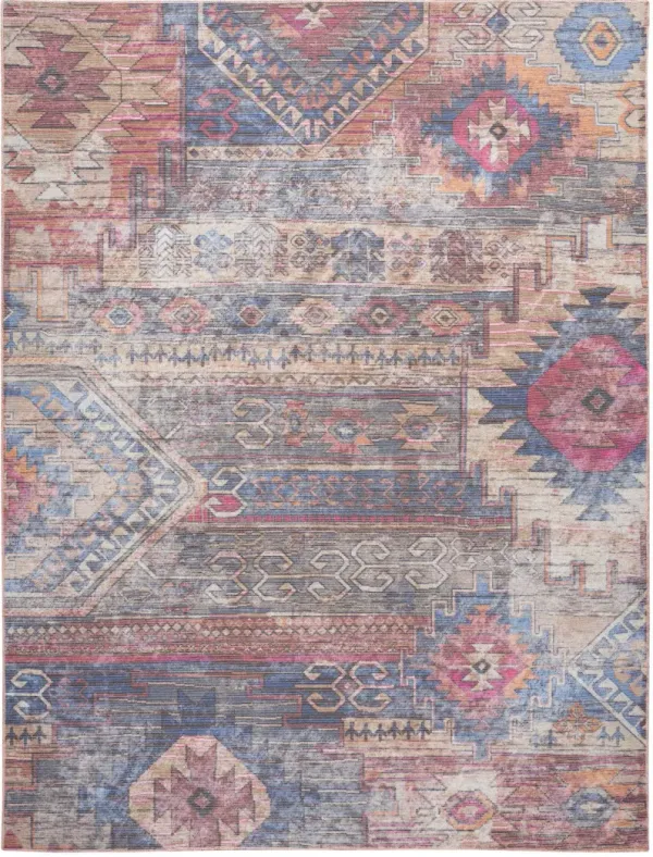 8' x 10' Geometric Power Loom Distressed Washable Area Rug - Blue And Red