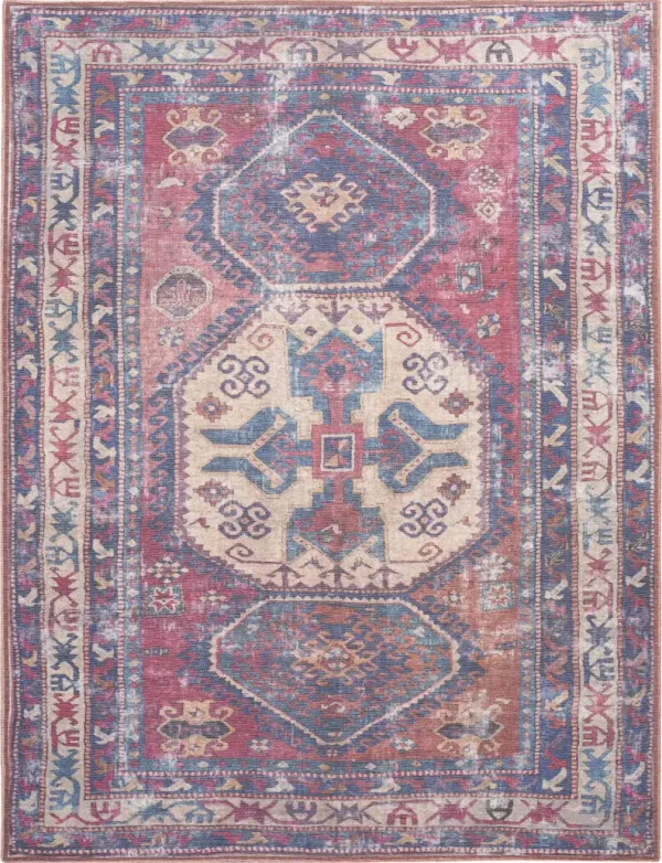 9' x 12' Geometric Power Loom Distressed Washable Area Rug - Blue And Red