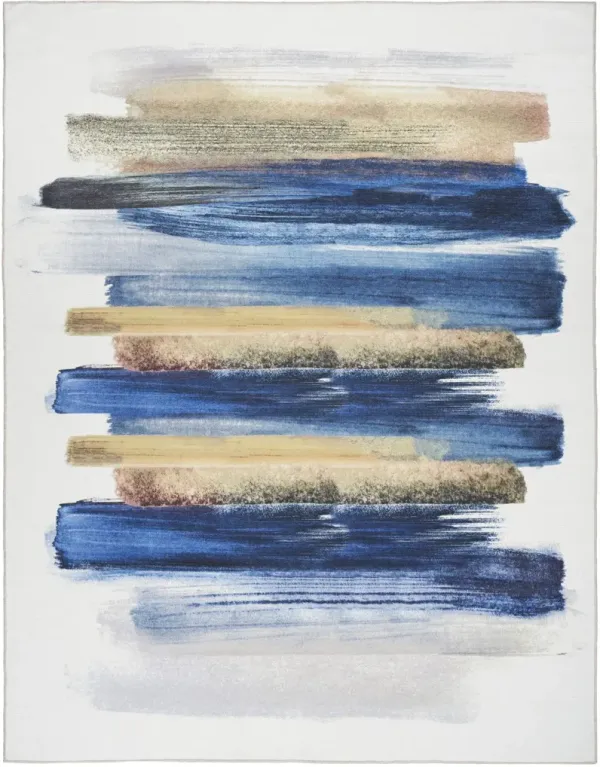 5' x 7' Abstract Power Loom Washable Non Skid Area Rug - Ivory And Blue