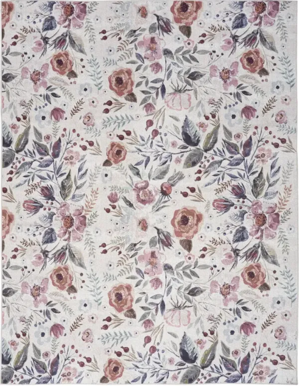 5' x 7' Floral Power Loom Washable Non Skid Area Rug - Ivory Pink And Green