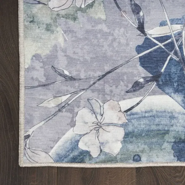 10' Floral Power Loom Washable Non Skid Runner Rug - Ivory Blue And Gray