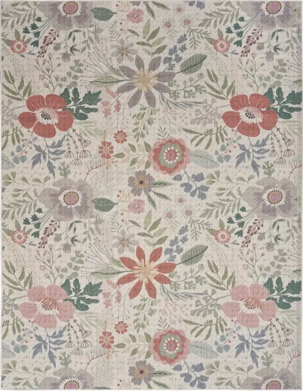 6' x 9' Floral Power Loom Washable Non Skid Cotton Blend Area Rug - Ivory Green And Red