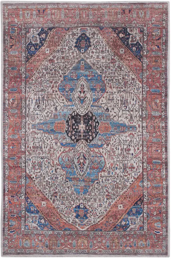 4' x 6' Oriental Power Loom Distressed Washable Non Skid Area Rug - Red And Ivory