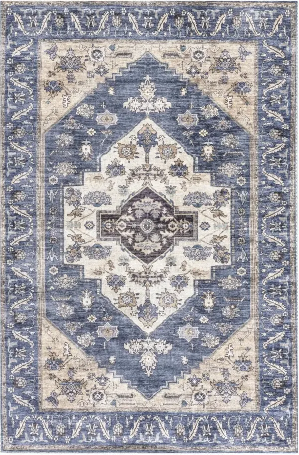 4' x 6' Oriental Power Loom Distressed Washable Non Skid Area Rug - Beige And Blue
