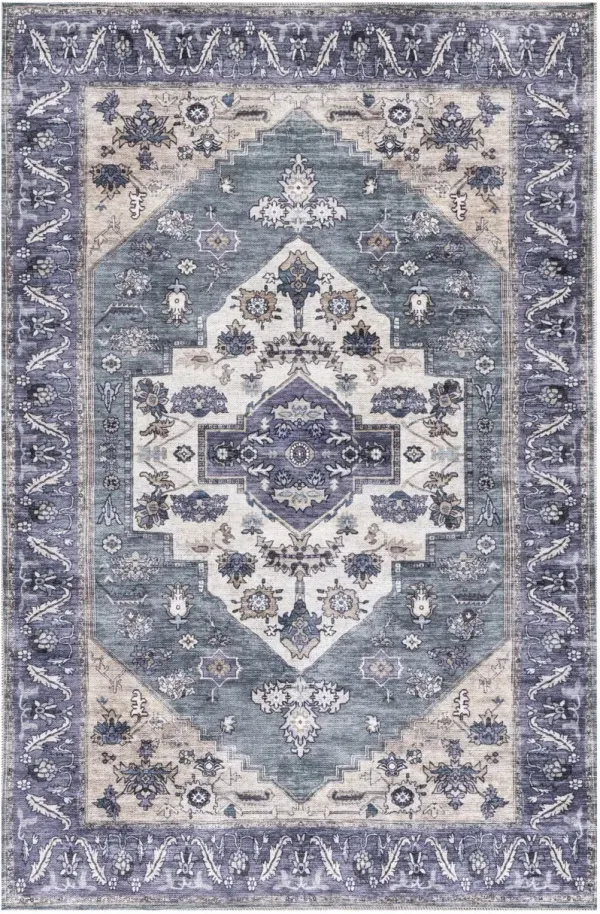 4' x 6' Oriental Power Loom Distressed Washable Non Skid Area Rug - Blue And Beige