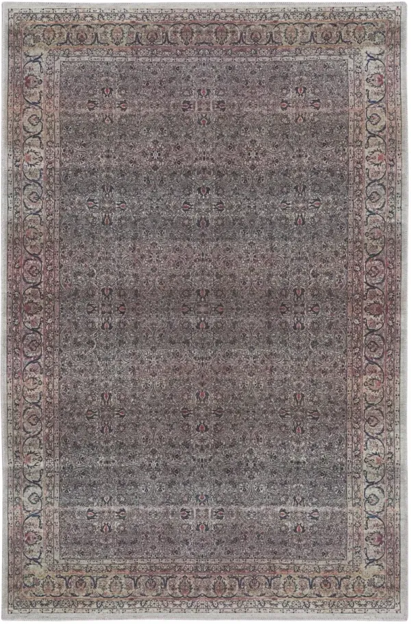 4' x 6' Oriental Power Loom Distressed Washable Non Skid Area Rug - Ivory Blue And Gray