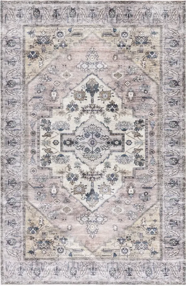 4' x 6' Oriental Power Loom Distressed Washable Non Skid Area Rug - Pink And Blue