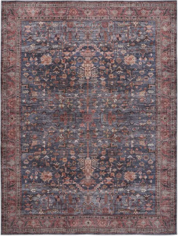 5' x 7' Oriental Power Loom Distressed Washable Non Skid Area Rug - Blue And Red