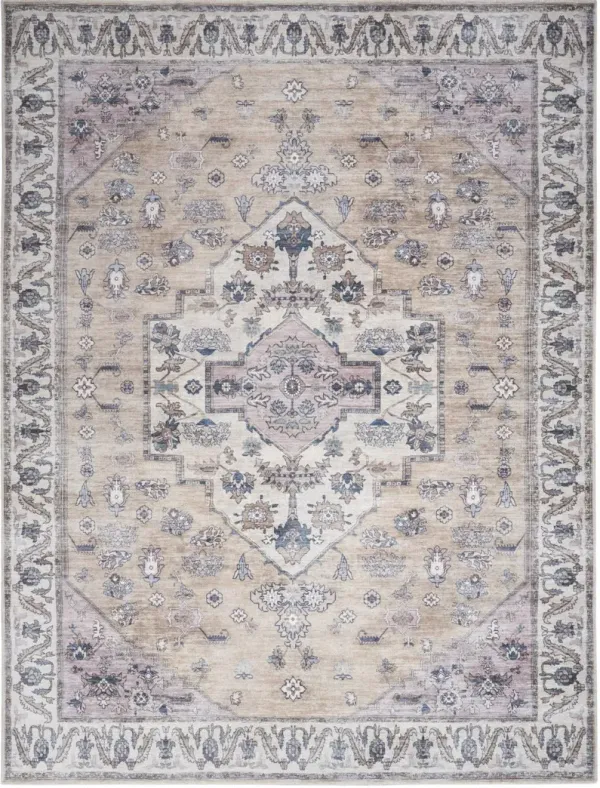 5' x 7' Oriental Power Loom Distressed Washable Non Skid Area Rug - Beige And Gray