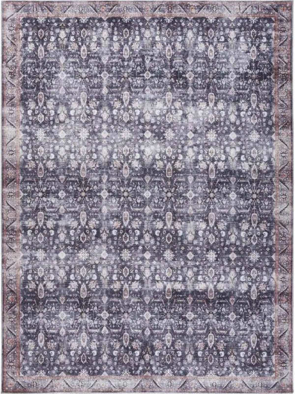 5' x 7' Oriental Power Loom Distressed Washable Non Skid Area Rug - Blue And Ivory