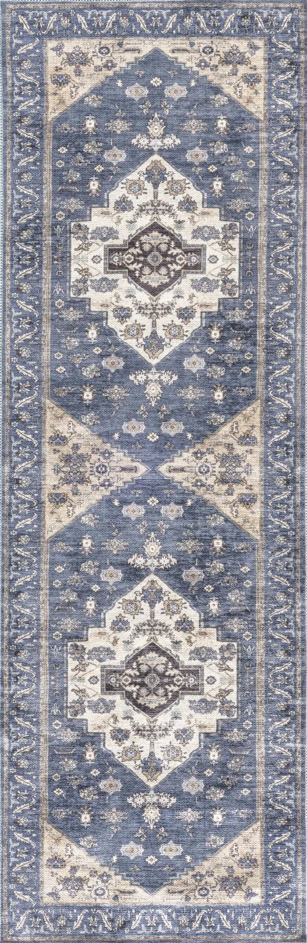 6' Oriental Power Loom Distressed Washable Non Skid Runner Rug - Blue And Ivory