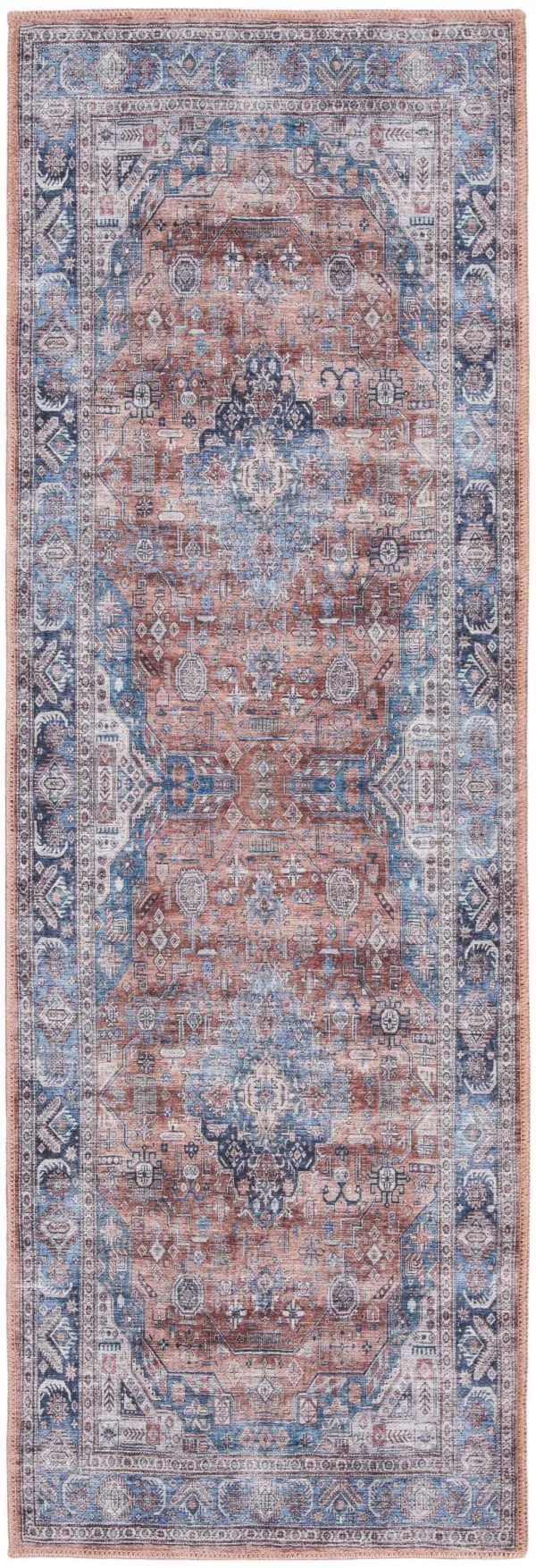 6' Oriental Power Loom Distressed Washable Non Skid Runner Rug - Blue And Red