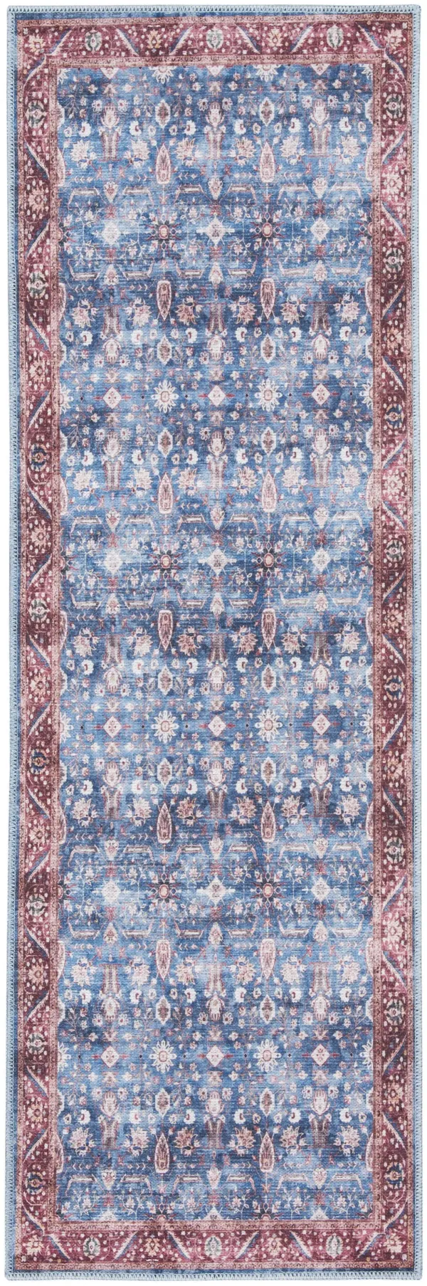 6' x 2' Oriental Power Loom Distressed Washable Non Skid Runner Rug - Blue And Red