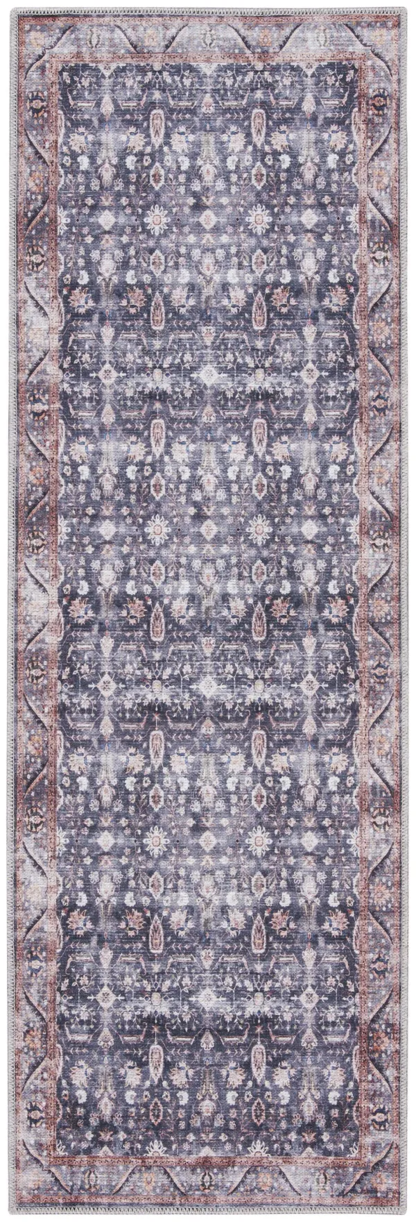 6' x 2' Oriental Power Loom Distressed Washable Non Skid Runner Rug - Blue And Ivory