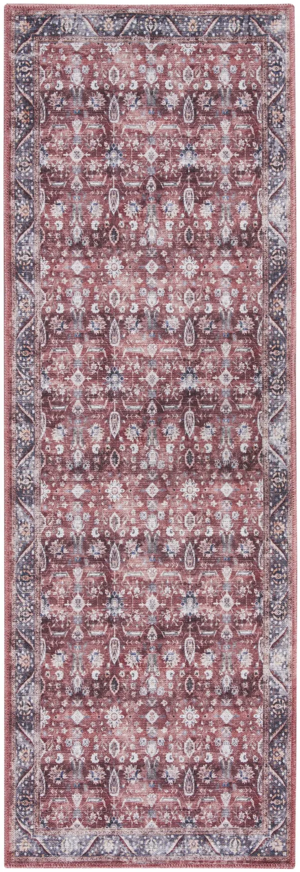 6' x 2' Oriental Power Loom Distressed Washable Non Skid Runner Rug - Red And Ivory