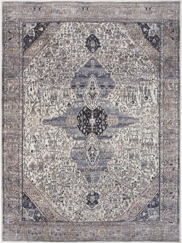 8' x 10' Oriental Power Loom Distressed Washable Non Skid Area Rug - Ivory And Blue