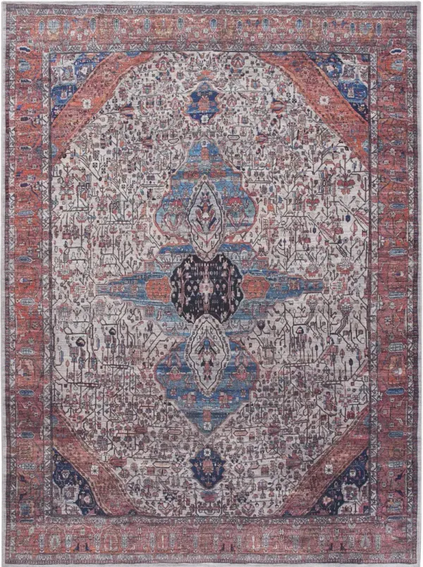 9.2' x 12' Oriental Power Loom Distressed Washable Non Skid Area Rug - Red And Ivory