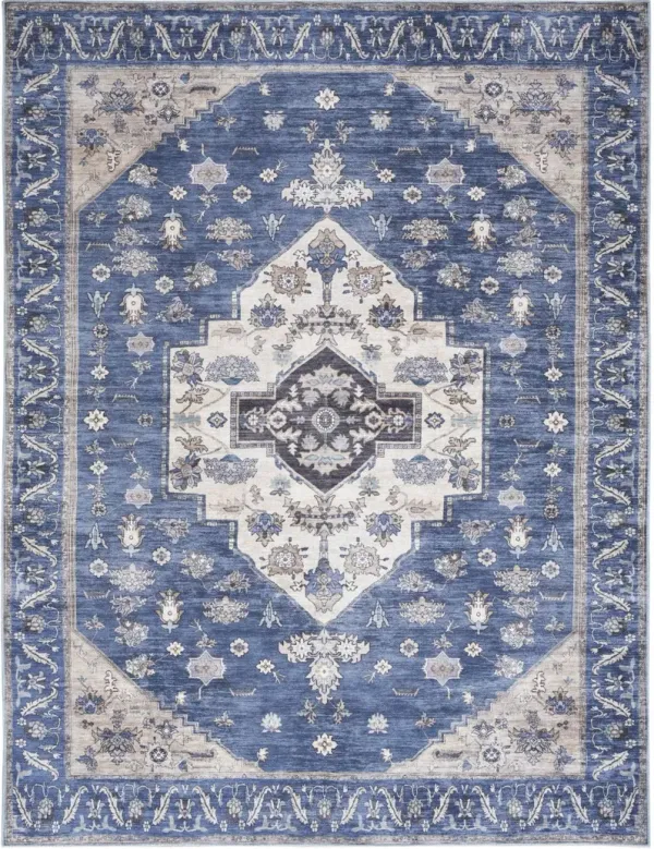 9' x 12' Oriental Power Loom Distressed Washable Non Skid Area Rug - Blue And Ivory