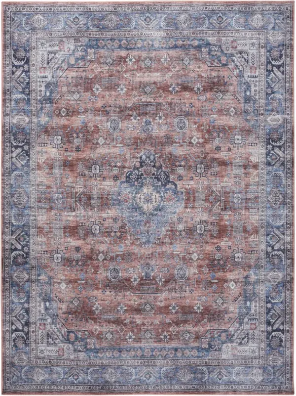9.2' x 12' Oriental Power Loom Distressed Washable Non Skid Area Rug - Blue And Red