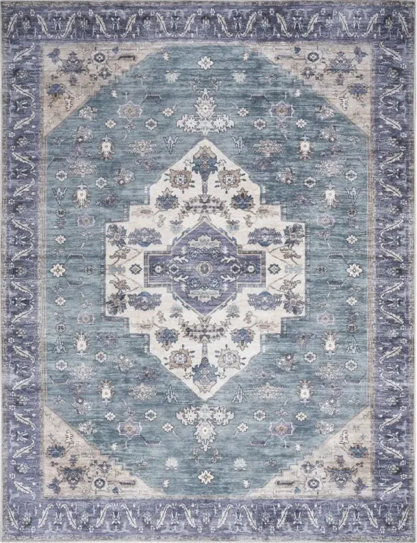 9' x 12' Oriental Power Loom Distressed Washable Non Skid Area Rug - Blue And Green