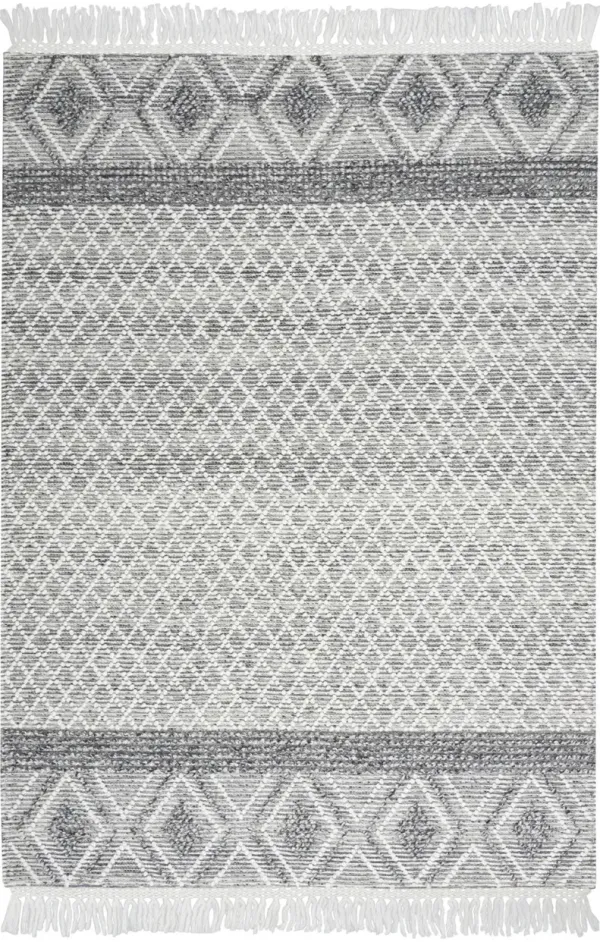 5.3' x 7.5' Geometric Hand Woven Area Rug With Fringe - Gray And Ivory
