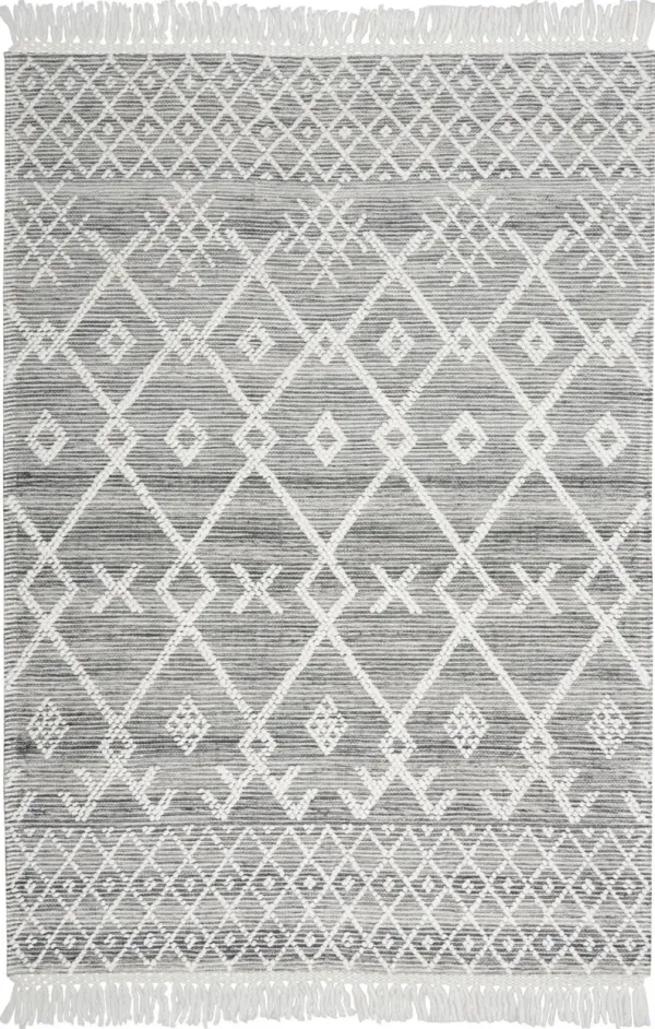 5' x 8' Geometric Hand Woven Area Rug With Fringe - Gray And Ivory