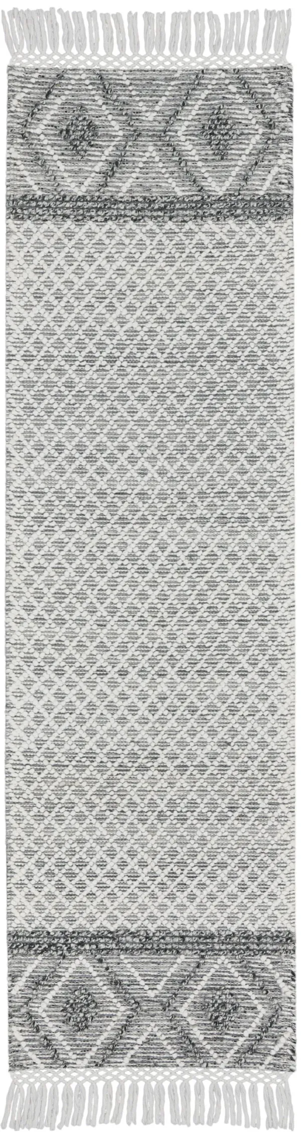 8' Geometric Hand Woven Runner Rug With Fringe - Gray And Ivory